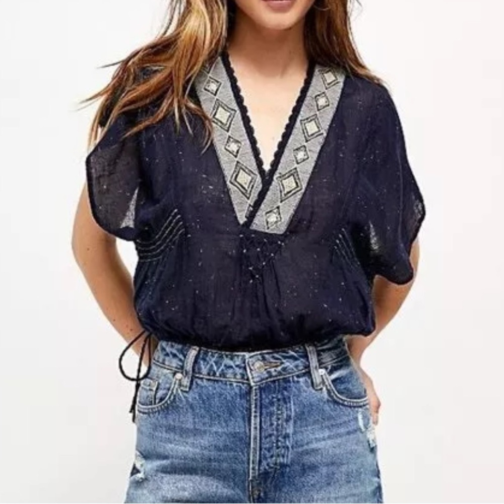 Free People Like A Breeze Pullover Tie Waist Top Navy Blue Lightweight Shirt XS